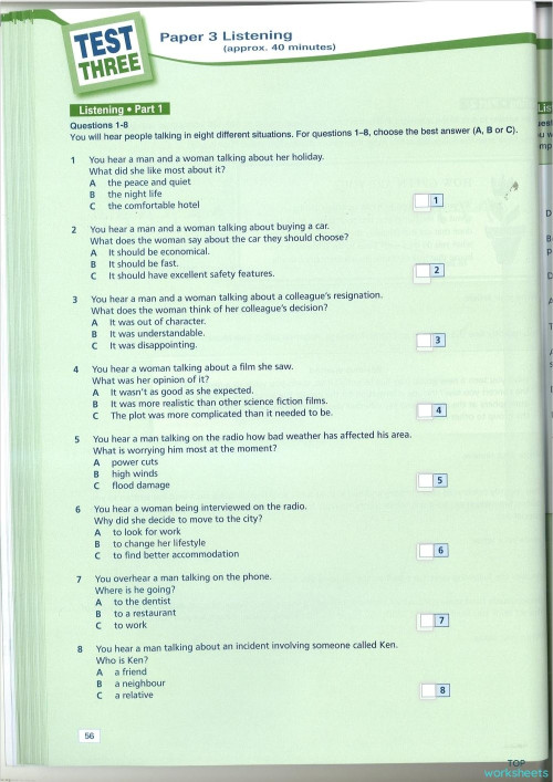 B2 Cambridge test 3 - Listening. Interactive worksheet | TopWorksheets