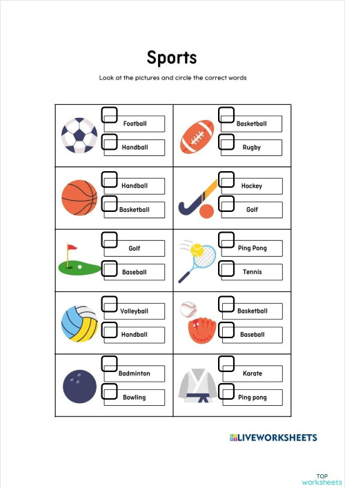 checkbox sports. Interactive worksheet | TopWorksheets