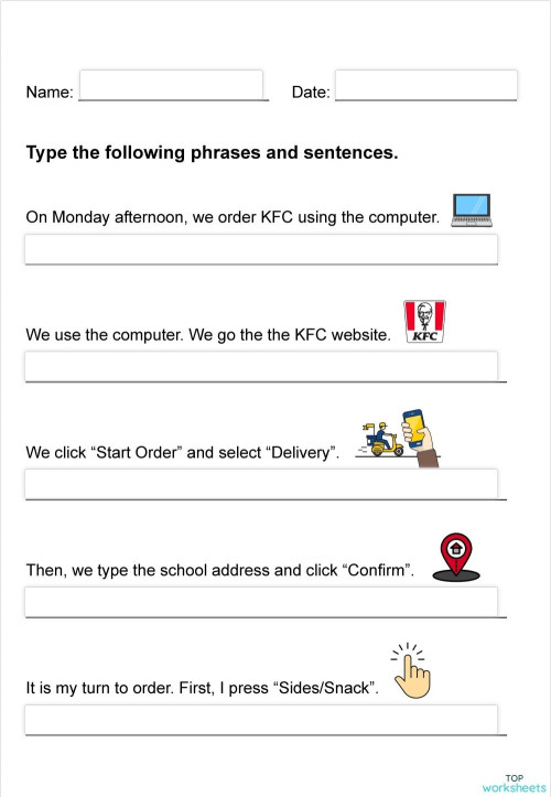 A - KFC Delivery Typing Worksheet. Interactive worksheet | TopWorksheets