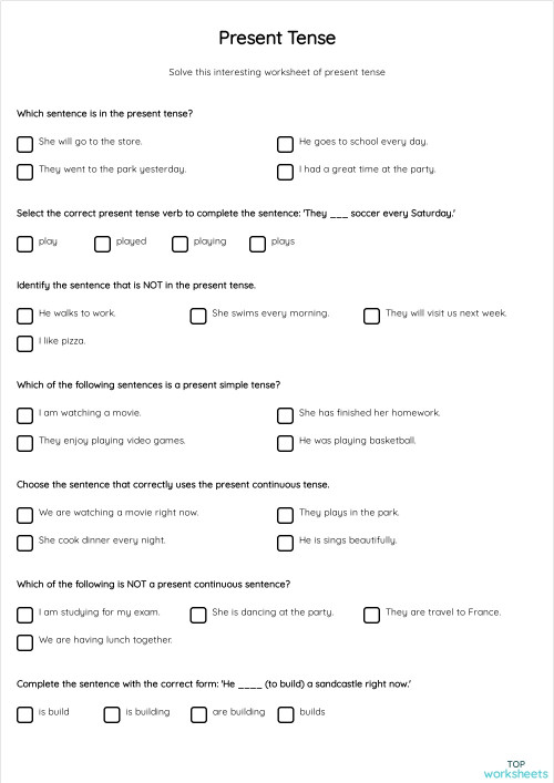 Present Tense. Interactive worksheet | TopWorksheets
