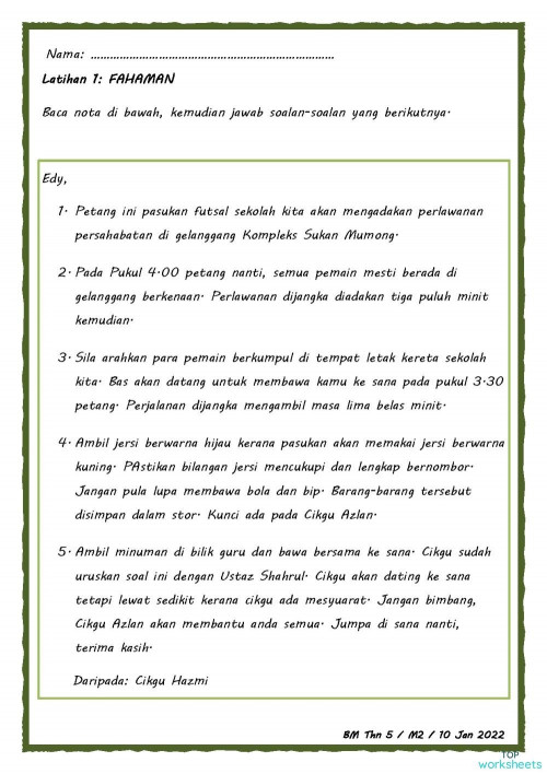 Latihan Bahasa Melayu Tahun 5 Pemahaman. Interactive worksheet