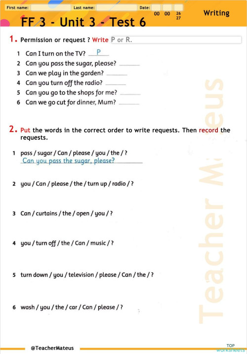 FF 3 - Unit 2 - Test 6 - Writing. Interactive worksheet | TopWorksheets