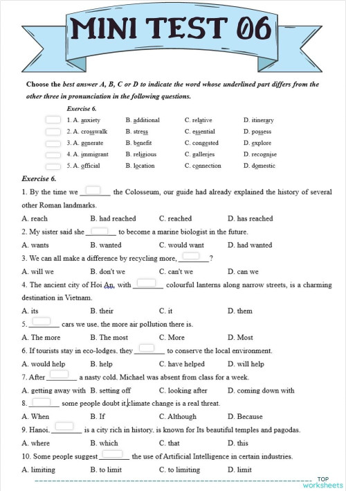MINI TEST 06. Interactive worksheet | TopWorksheets