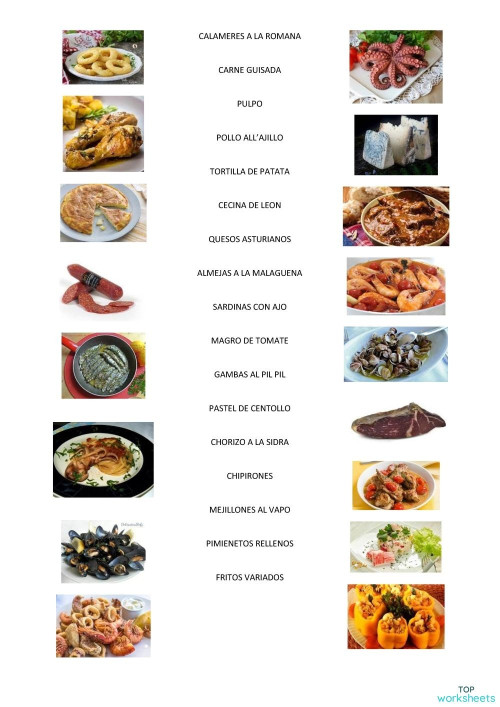 antipasti in spagnolo. Ficha interactiva TopWorksheets