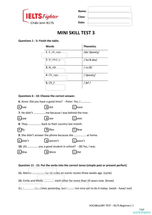 BE - MINI TEST 3. Interactive worksheet | TopWorksheets