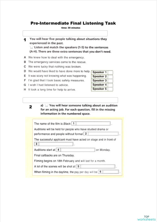 pre-inter final listening test. Interactive worksheet | TopWorksheets
