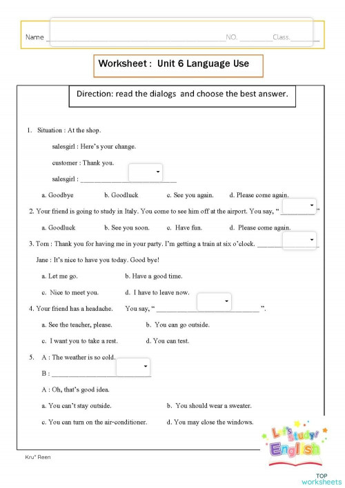 Worksheet : Unit 6 Language use ใบงานเชิงโต้ตอบ | TopWorksheets