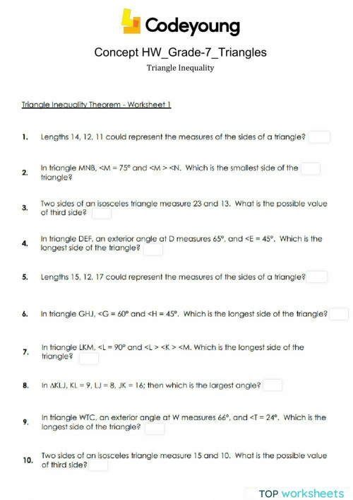 Triangle Inequality Concept HW. Interactive worksheet | TopWorksheets