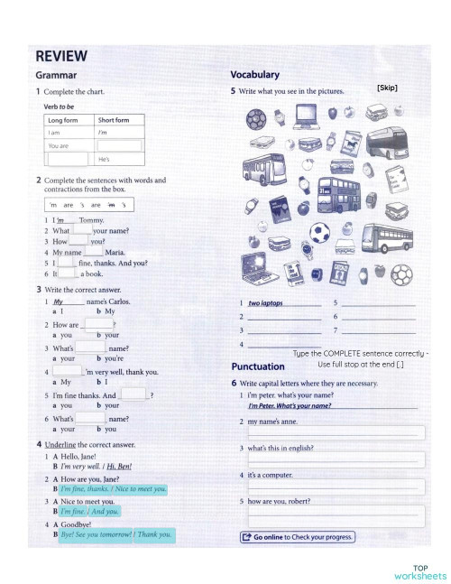 A1 ESL grammar review worksheets