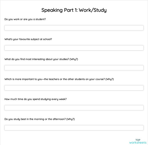 Speaking Part 1: Work/Study. Interactive worksheet | TopWorksheets