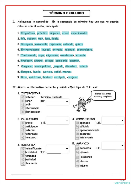 TÉRMINO EXCLUIDO. Ficha interactiva | TopWorksheets