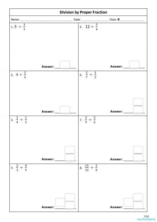 Division by Proper Fraction Year 6. Interactive worksheet TopWorksheets