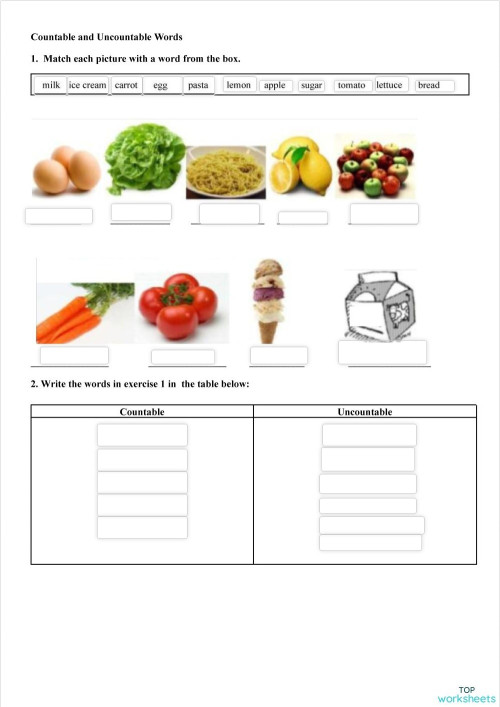 Countable And Uncountable Food Worksheet