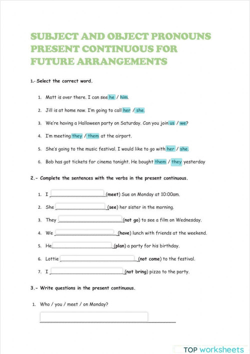 Subject object pronouns and present continuous. Interactive worksheet ...