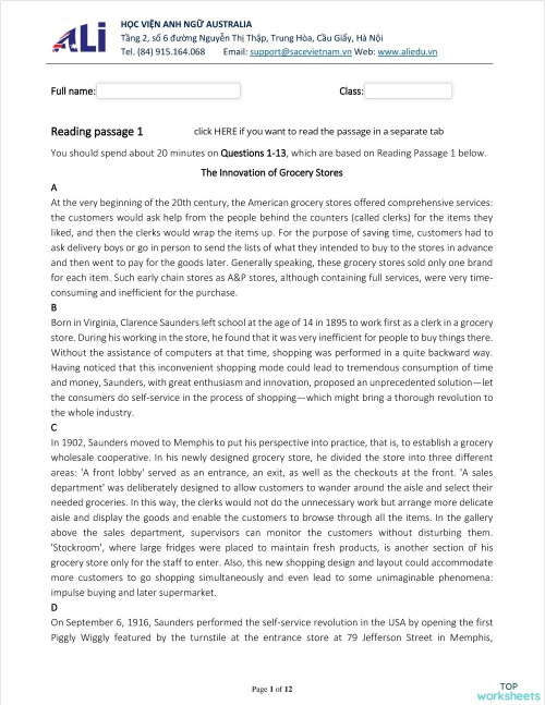 IELTS Practice_Reading Test 13. Bài tập tương tác | TopWorksheets