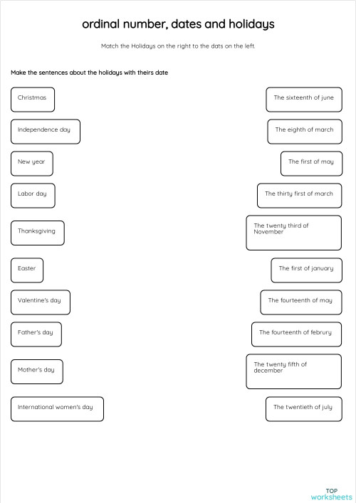ordinal number, dates and holidays. Ficha interactiva | TopWorksheets