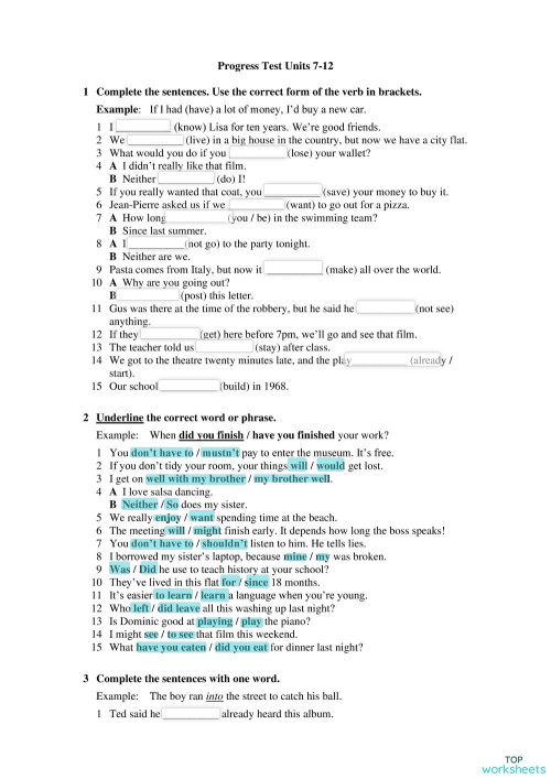 PROGRESS TEST UNITS 7-12. Interactive worksheet | TopWorksheets