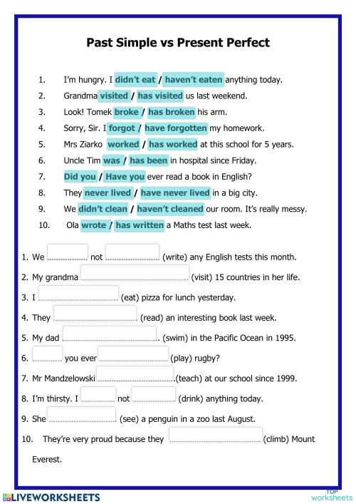 Simple Past vs Present Perfect. Interactive worksheet | TopWorksheets