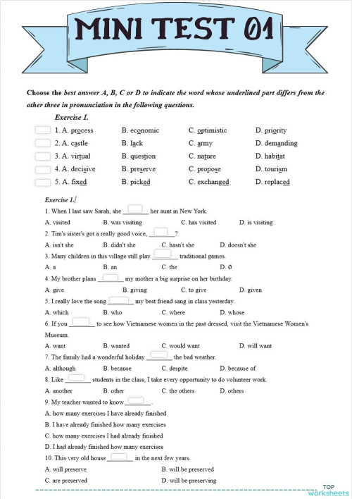 MINI TEST 01. Interactive worksheet | TopWorksheets