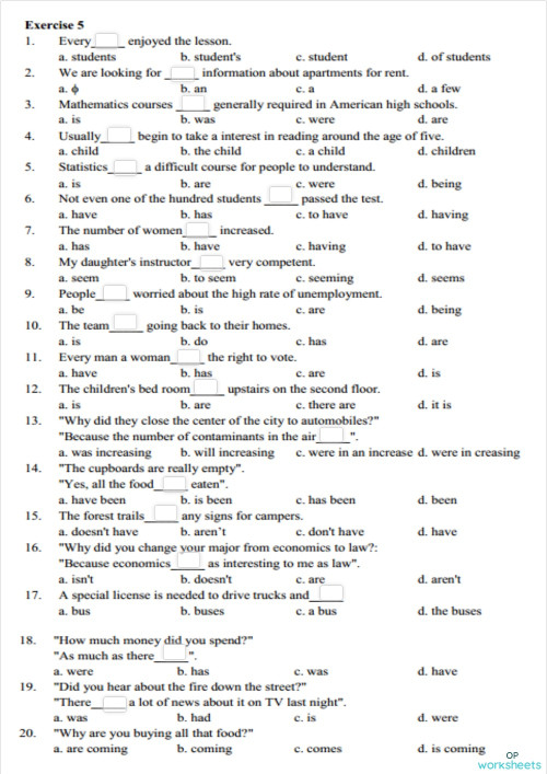 SUBJECT AND VERB AGREEMENT 05. Interactive worksheet | TopWorksheets