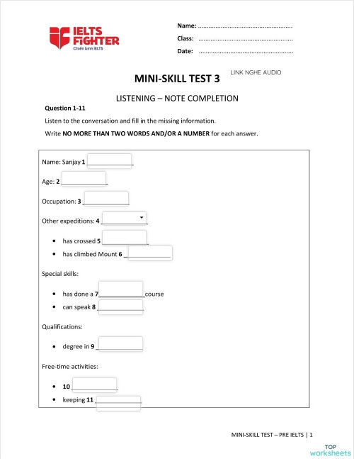 PRE - MINI TEST 3. Interactive worksheet | TopWorksheets