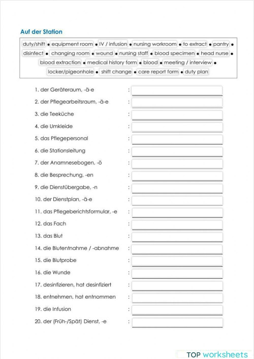 Deutsch In Der Pflege Arbeitsblätter Pflege Wortschatz 02. Interaktives Arbeitsblatt | TopWorksheets