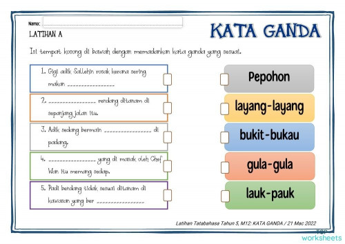 Latihan Tatabahasa Tahun 5 M12 Kata Ganda B Interactive Worksheet