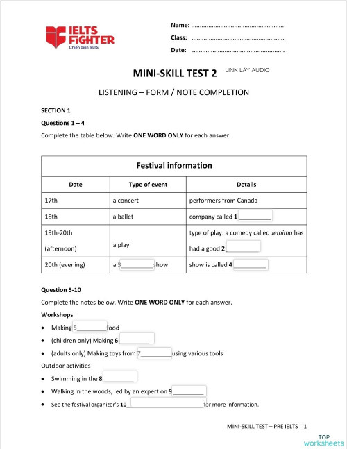 PRE - MINI TEST 2. Bài tập tương tác | TopWorksheets