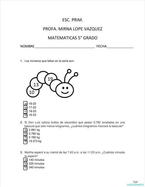 Matemáticas 5° grado. Ficha interactiva | TopWorksheets