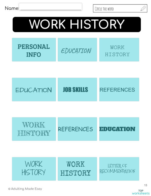 Resume Circle the Word WORK HISTORY. Interactive worksheet TopWorksheets