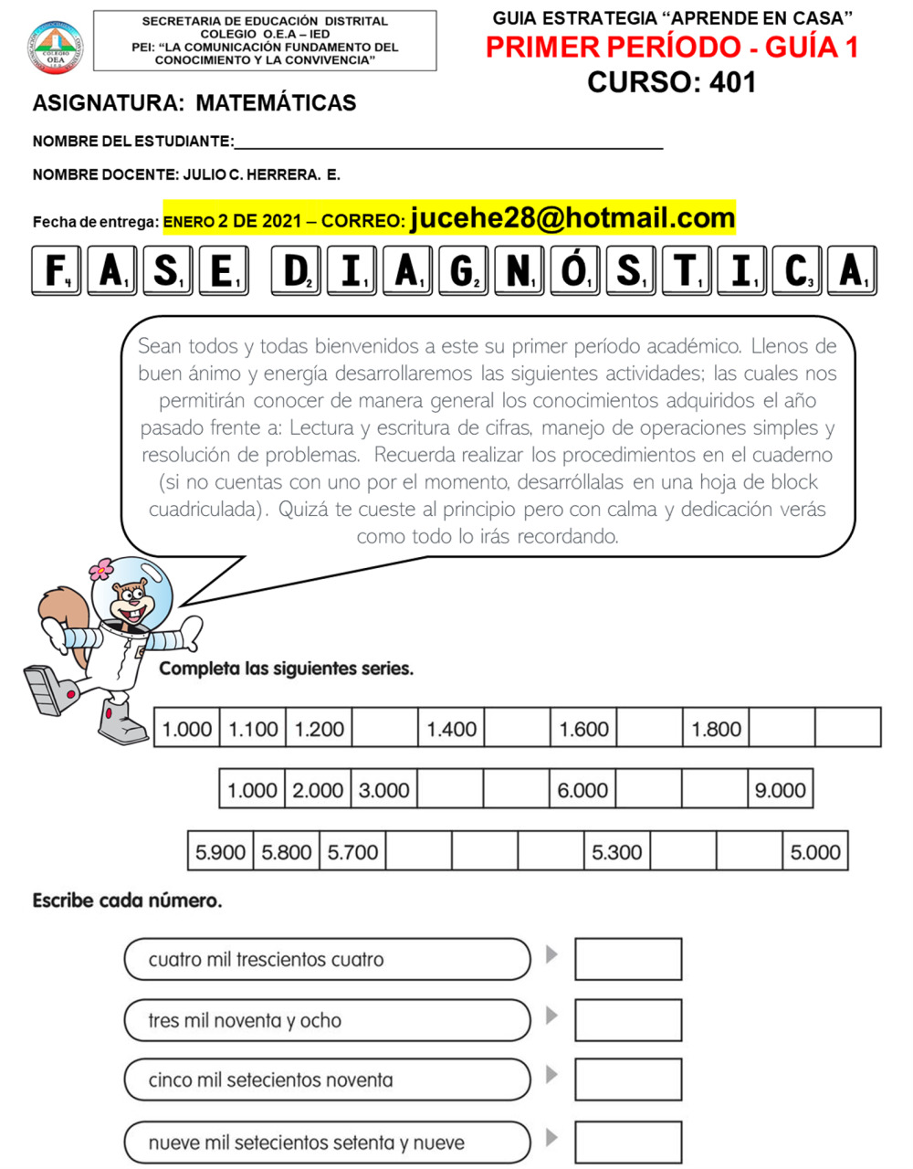 GUÍA FASE DIAGNÓSTICA MATEMÁTICAS - CUARTO GRADO. Ficha interactiva ...