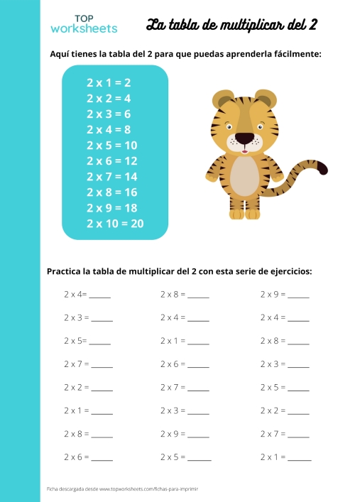 Tabla de multiplicar del 2, ficha para imprimir TopWorksheets