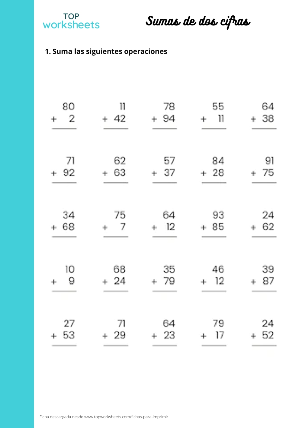 Sumas De Dos Cifras Ficha Para Imprimir TopWorksheets